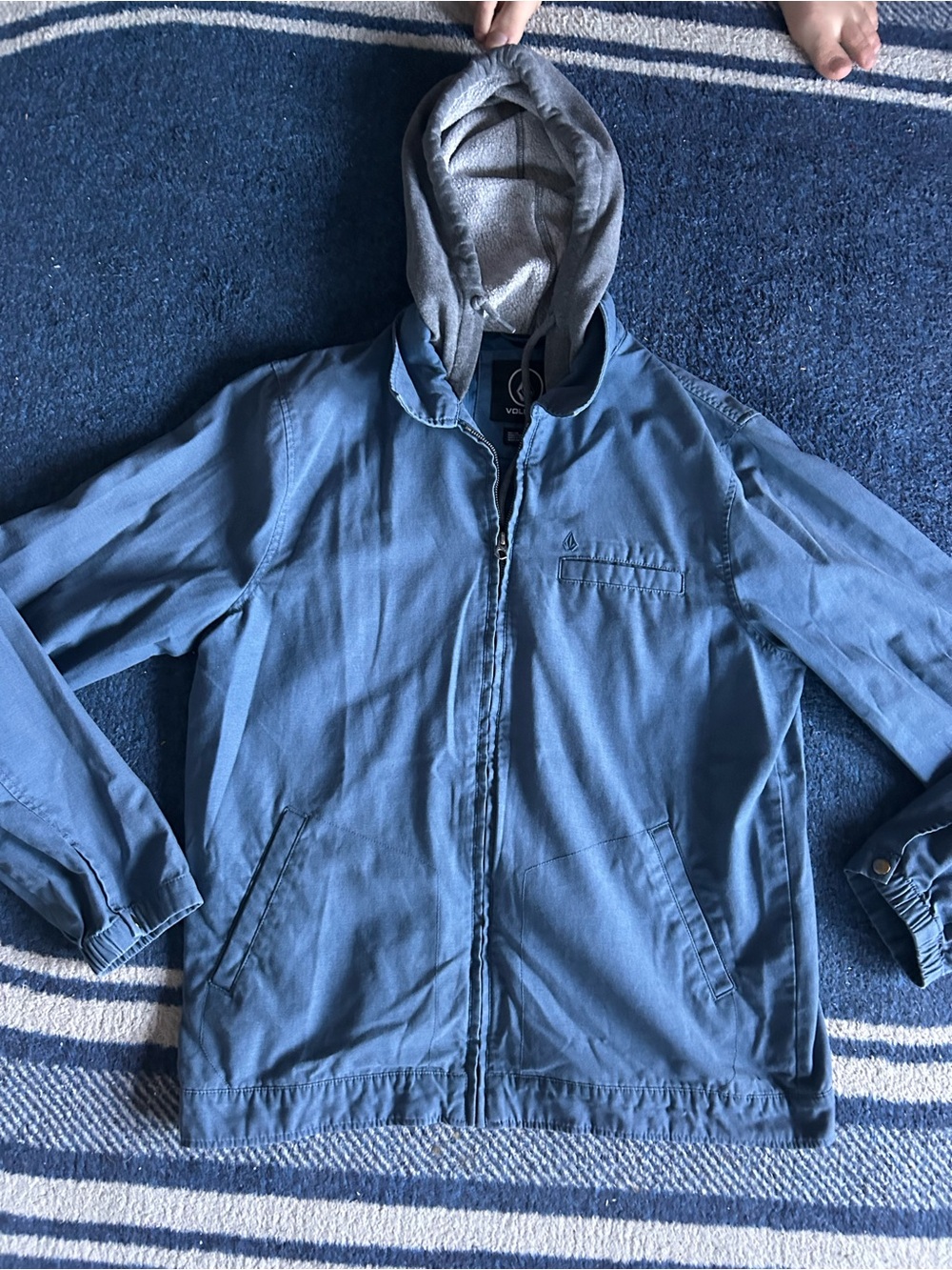 Volcom Blue Hooded Jean Jacket with Gray Hood Lining
